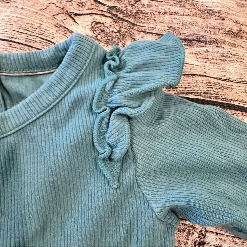 Lot of 2 Ruffle Butts/Rugged Butts Teal Ribbed Onesies; 1 Henley, 1 Ruffled 6-12